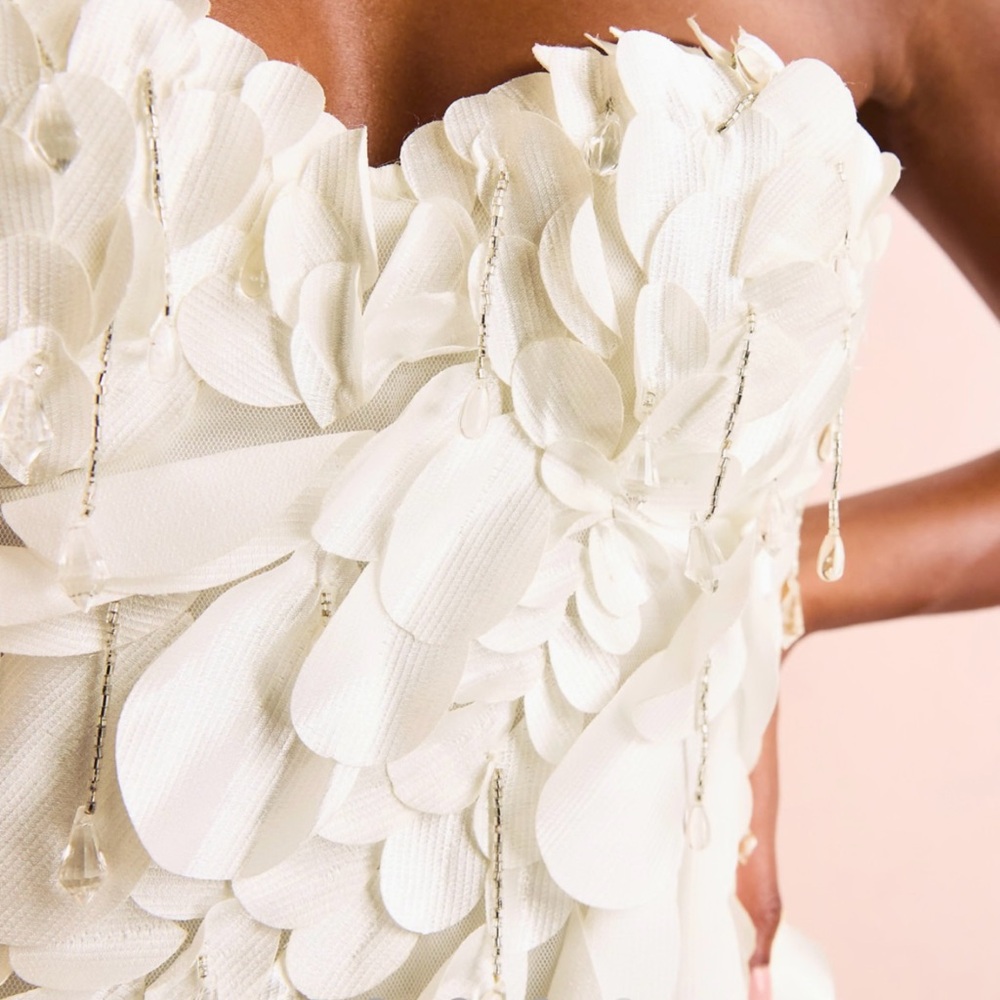 White Ruched Ruffled Strapless Mini Dress - Picture 3 of 6